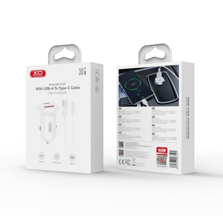 Chargeur Allume-Cigare XO 30W Blanc Double Port avec Câble Chargeur Allume-Cigare XO 30W PD/QC - Double Port USB-C + USB-A - Câble Inclus - Blanc