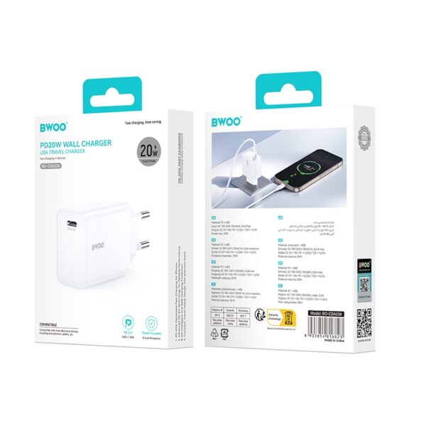 Chargeur Secteur BWOO 20W PD Blanc pour Type C