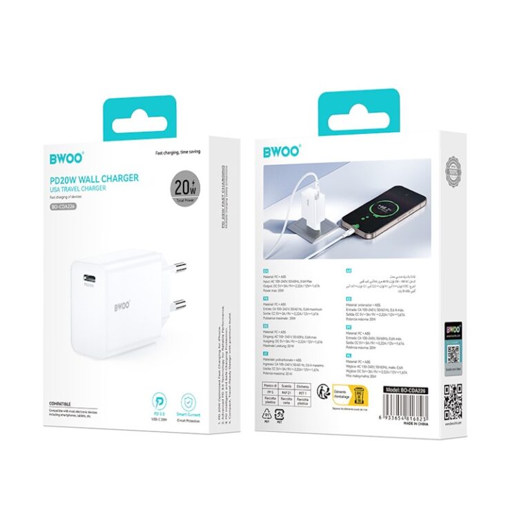 Chargeur Secteur BWOO 20W PD Blanc pour Type C Chargeur Secteur BWOO 20W PD - Rapide pour iPhone - Blanc