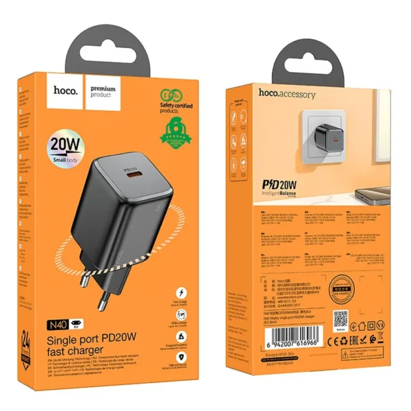 Chargeur USB-C 20W PD Hoco N40 Compact – Sans Câble – Noir – vue 4